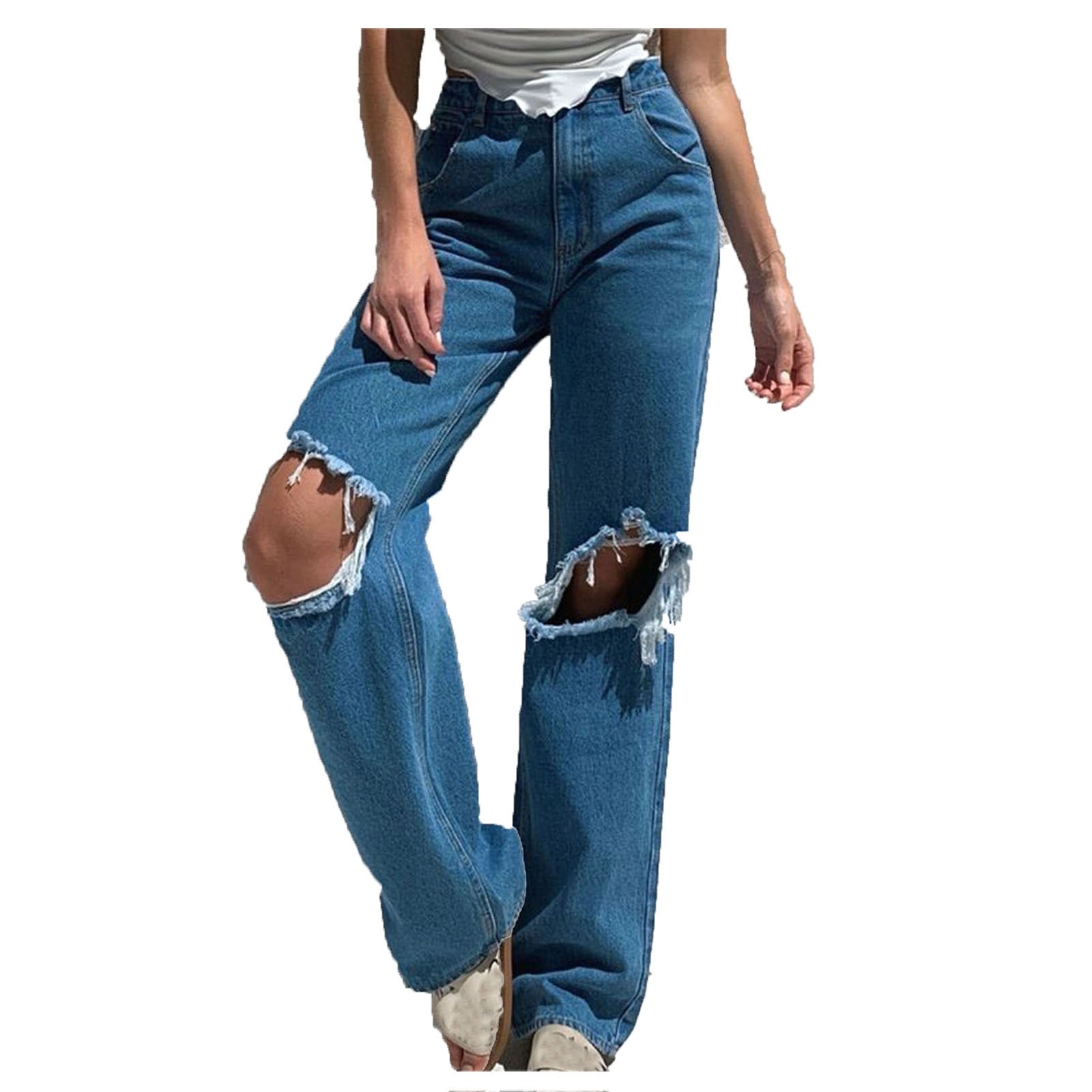 Fashion Comfortable Women&s New Brand High Waist Casual Pants Hole Denim Trouser Loose-Fitting Wide Leg Jeans Ѭ߬ ج֬߬ܬڬ